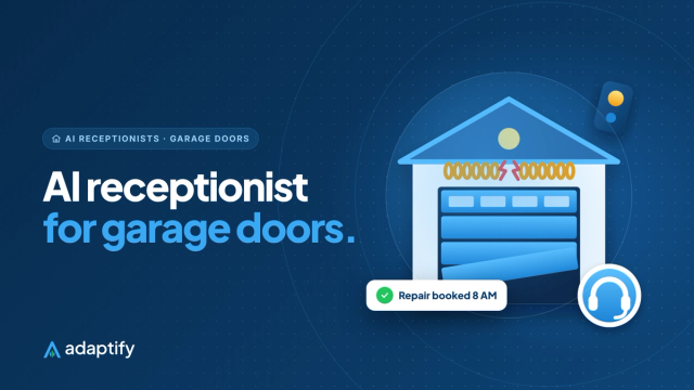 AI receptionist for garage door companies illustration: a garage with a broken spring and an AI receptionist headset badge
