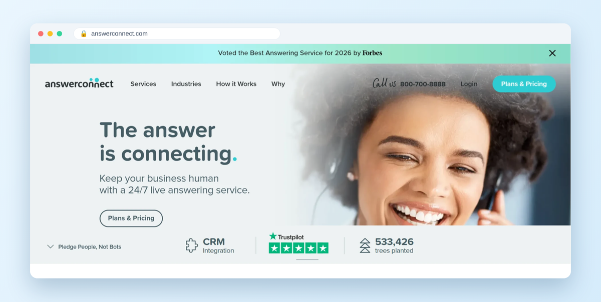 AnswerConnect homepage hero: The answer is connecting. Keep your business human with a 24/7 live answering service.
