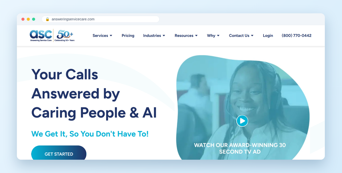 Answering Service Care homepage hero: Your calls answered by caring people & AI. Celebrating 50+ years.