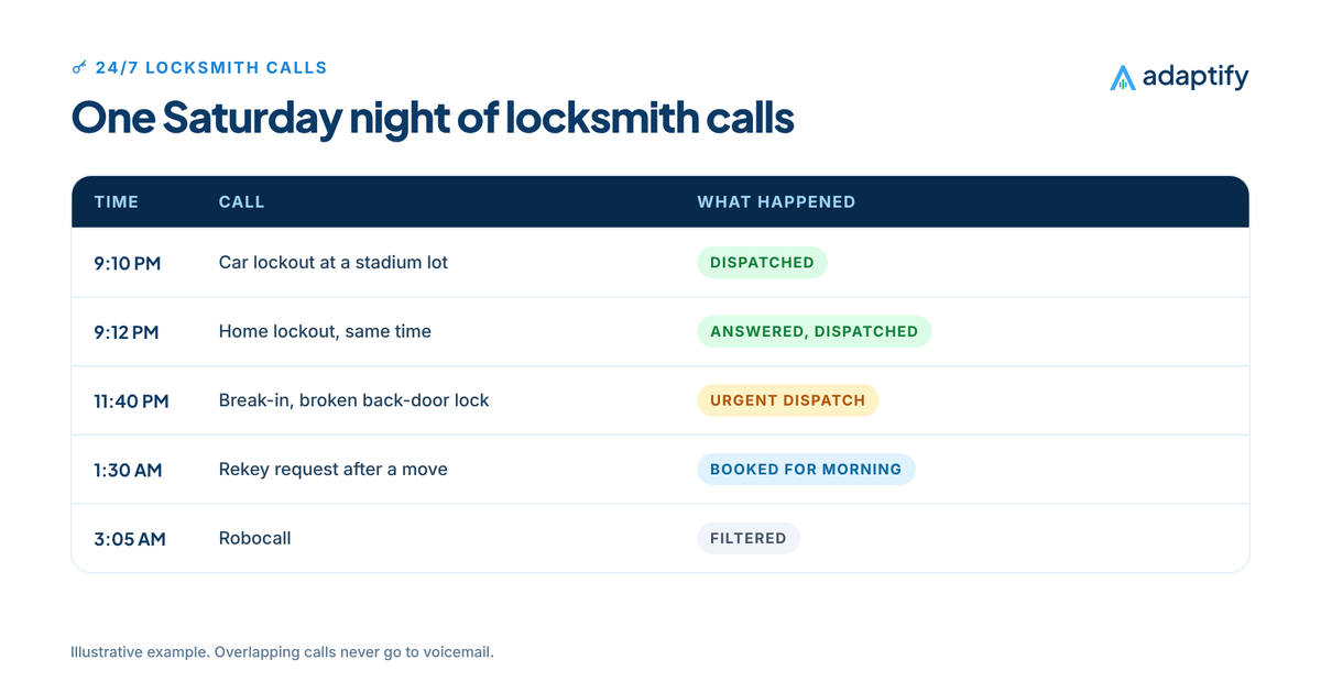 Timeline of a busy Saturday night for a locksmith: a 9:10 PM car lockout dispatched, a 9:12 PM home lockout answered at the same time and dispatched, an 11:40 PM break-in with a broken lock dispatched urgently and a 1:30 AM rekey request booked for morning