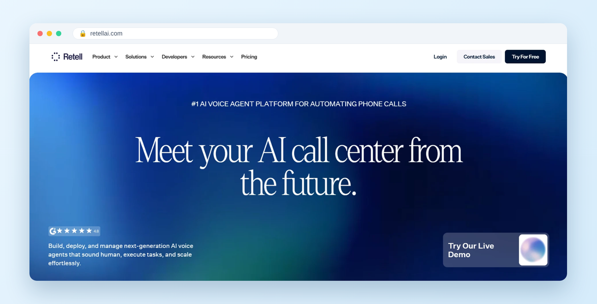 Retell homepage hero: Meet your AI call center from the future. Build, deploy, and manage next-generation AI voice agents.
