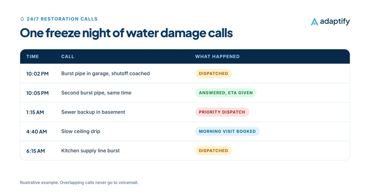 Timeline of a freeze night of 24/7 water damage restoration calls: a 10 PM burst pipe dispatched after shutoff coaching, a 10:05 PM second burst pipe answered at the same time and queued with an ETA, a 1 AM sewer backup flagged and dispatched first and a 4 AM ceiling leak dispatched
