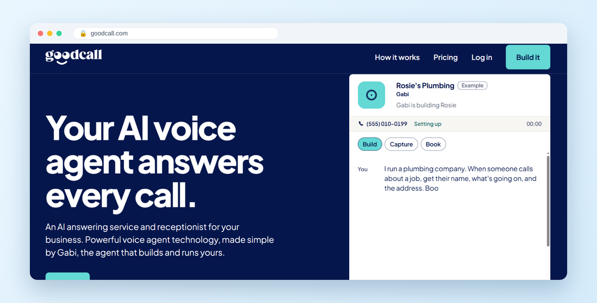 Goodcall homepage hero: Your AI voice agent answers every call. Powerful voice agent technology made simple by Gabi, the agent that builds and runs yours.