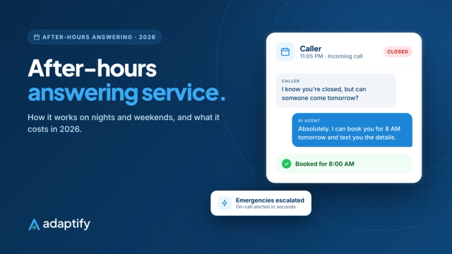 Illustration of an after-hours answering service taking a late-night call, alerting the on-call person and booking a morning appointment