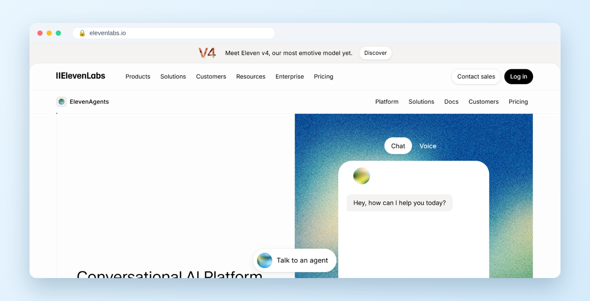 ElevenLabs ElevenAgents page: Conversational AI Platform with chat and voice agents