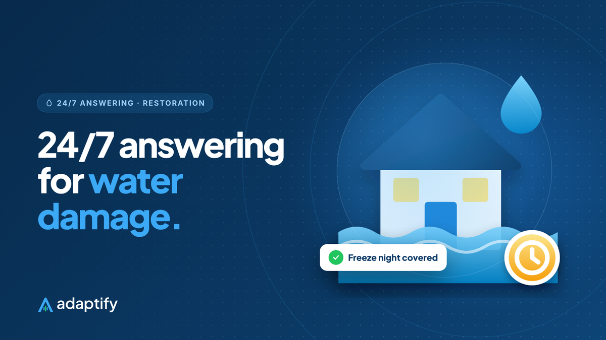 24/7 answering service for water damage restoration illustration: a house with rising floodwater and a 24/7 clock badge