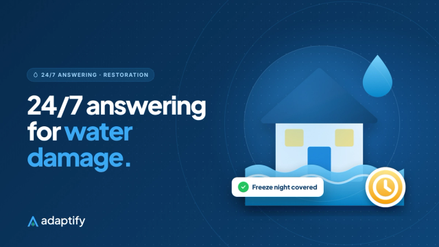 24/7 answering service for water damage restoration illustration: a house with rising floodwater and a 24/7 clock badge