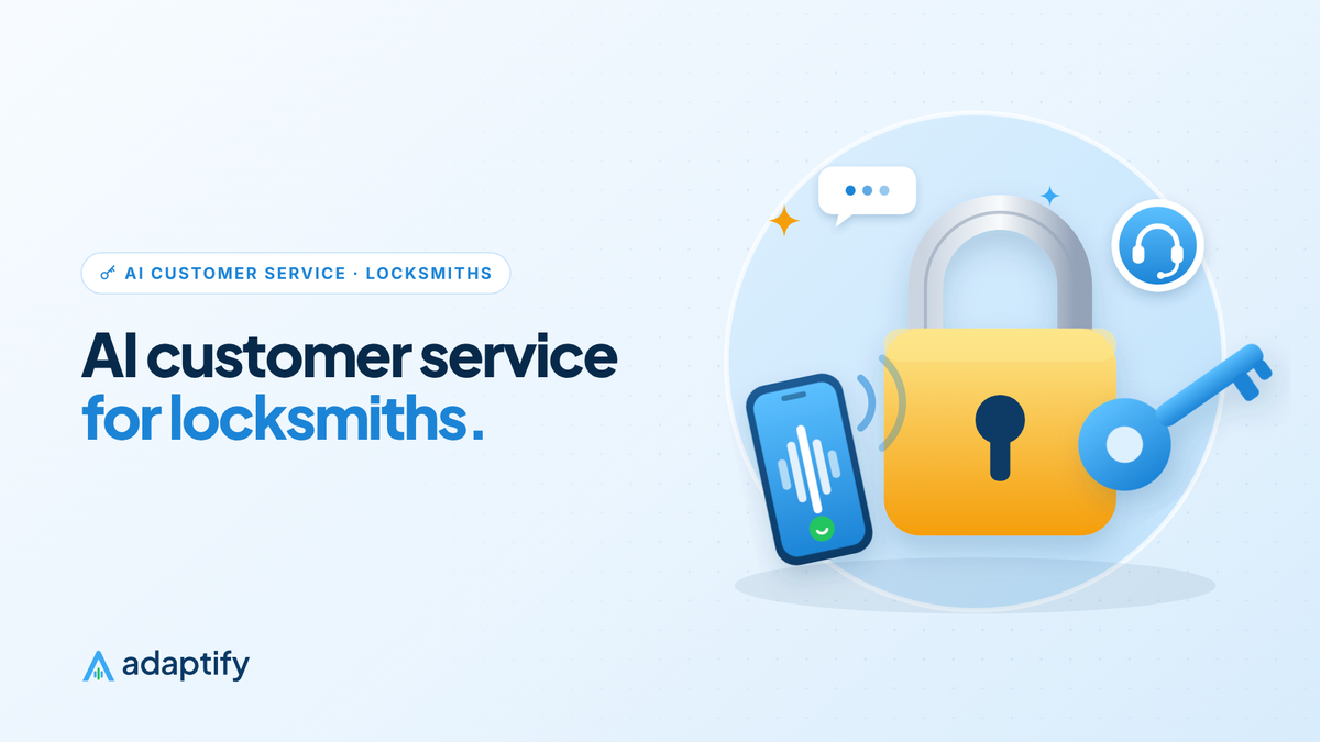 Illustration of a padlock and key with a phone showing a live call and an AI headset badge, for AI customer service for locksmiths