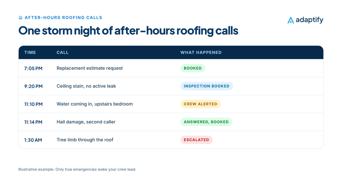 Timeline of one storm night of after-hours roofing calls: a 7 PM estimate request booked, a 9 PM ceiling stain with no active leak booked for inspection, an 11 PM active leak escalated to the crew lead for tarping and a 1 AM tree limb through the roof escalated