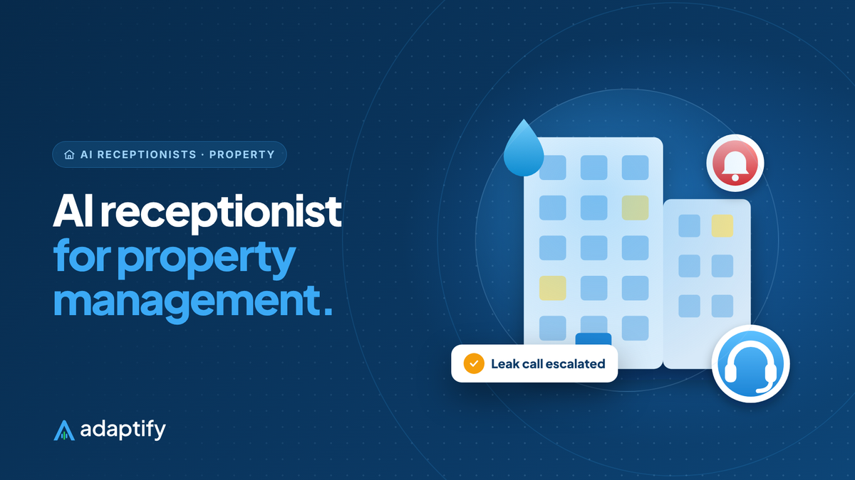 AI receptionist for property management illustration: an apartment building with a water drop and alert bell, with an AI receptionist headset badge