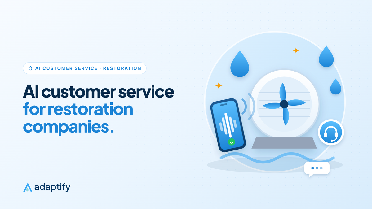 Illustration of an air mover fan with water drops and a phone with a live call and an AI headset badge, for AI customer service for water damage restoration companies