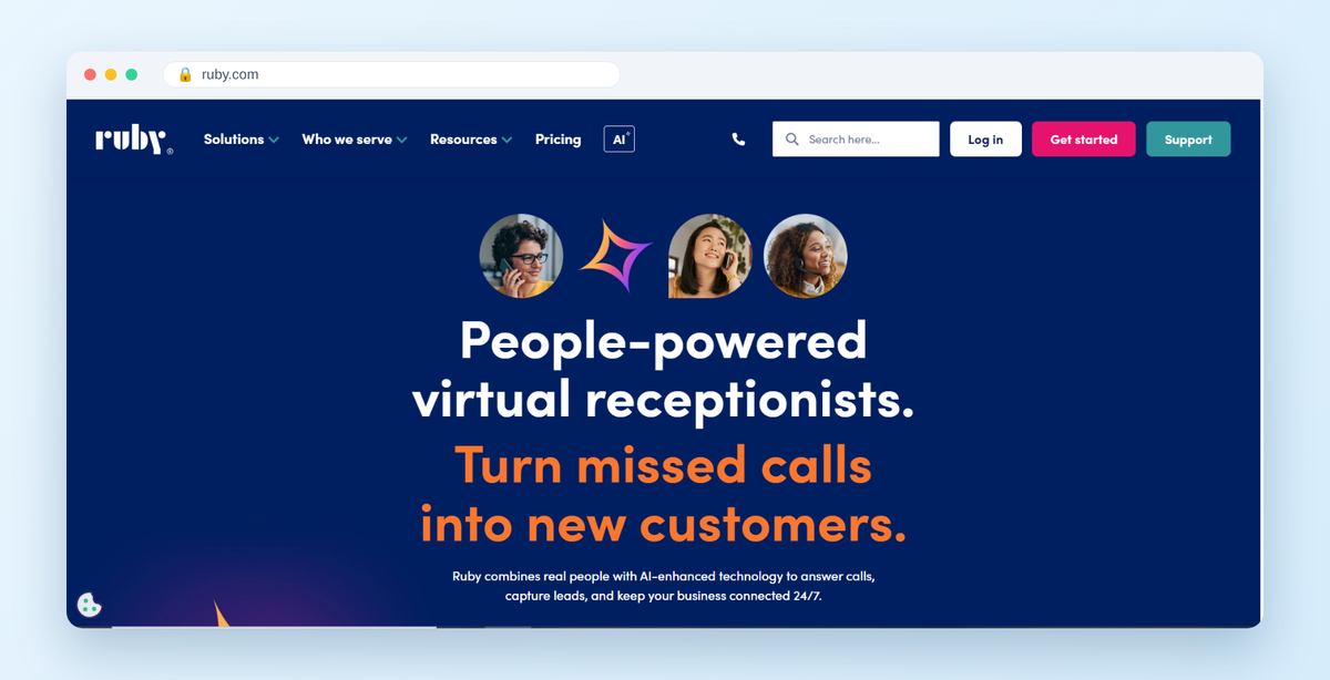 Ruby homepage hero: People-powered virtual receptionists. Turn missed calls into new customers.