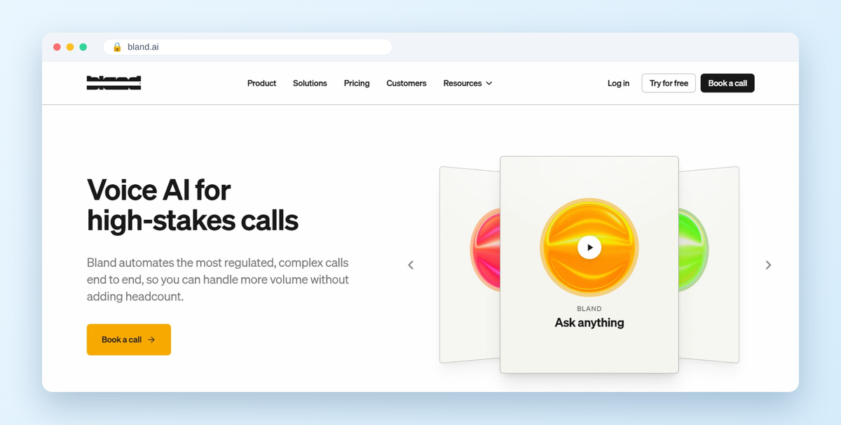 Bland homepage hero: Voice AI for high-stakes calls. Bland automates the most regulated, complex calls end to end.