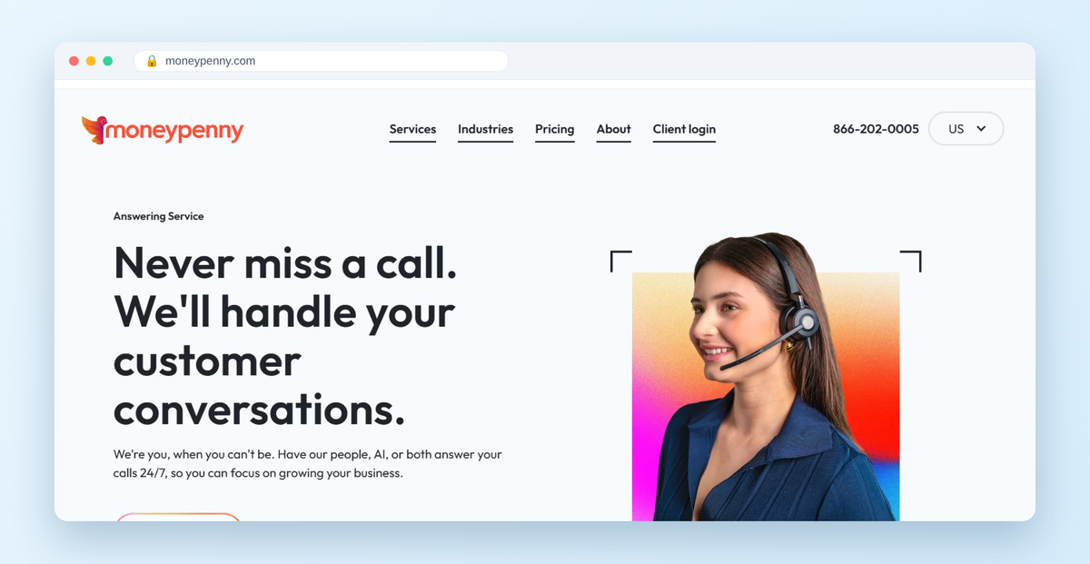 Moneypenny homepage hero: Never miss a call. We'll handle your customer conversations with people, AI, or both, 24/7.