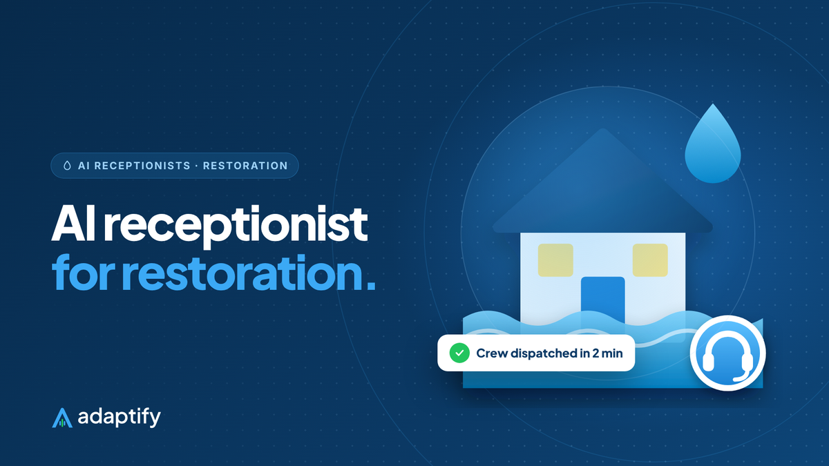AI receptionist for restoration companies illustration: a house with rising floodwater and an AI receptionist headset badge