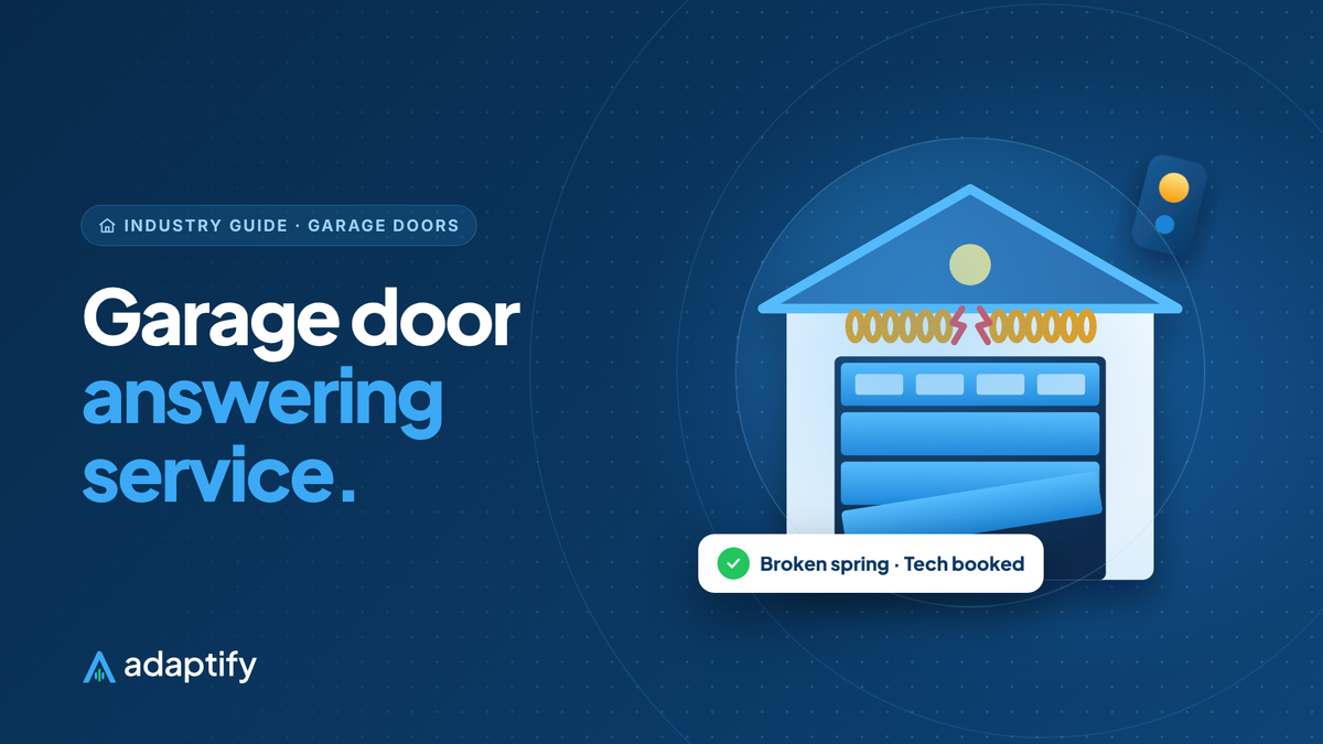 Garage door answering service illustration: a garage with a broken torsion spring and a crooked door panel