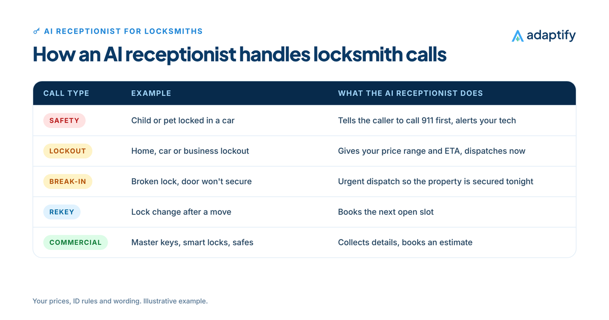 Table of locksmith calls and how an AI receptionist handles each: safety lockouts with a child or pet inside told to call 911, home and car lockouts dispatched with price range and ETA, break-ins dispatched urgently, rekeys booked and commercial work booked for an estimate