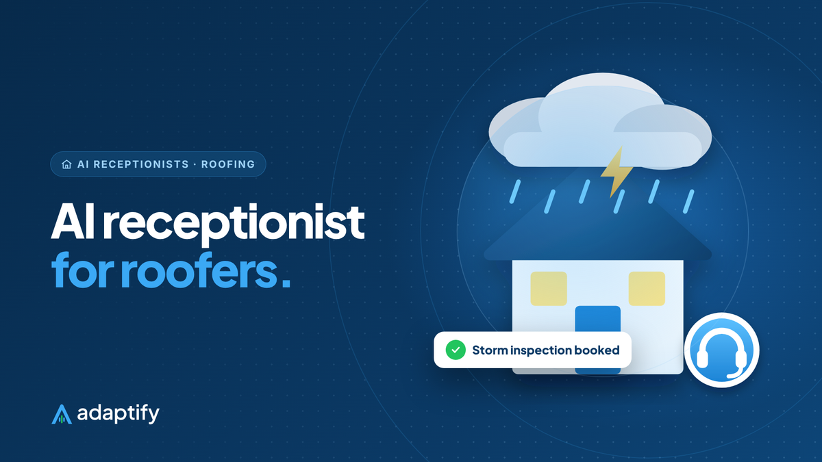 AI receptionist for roofers illustration: a house under a storm cloud with an AI receptionist headset badge