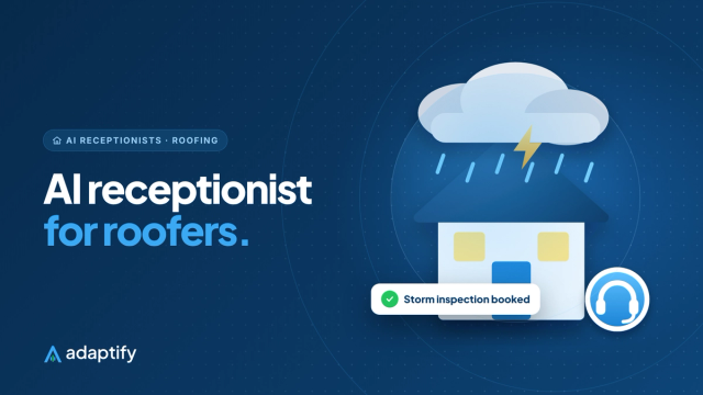 AI receptionist for roofers illustration: a house under a storm cloud with an AI receptionist headset badge