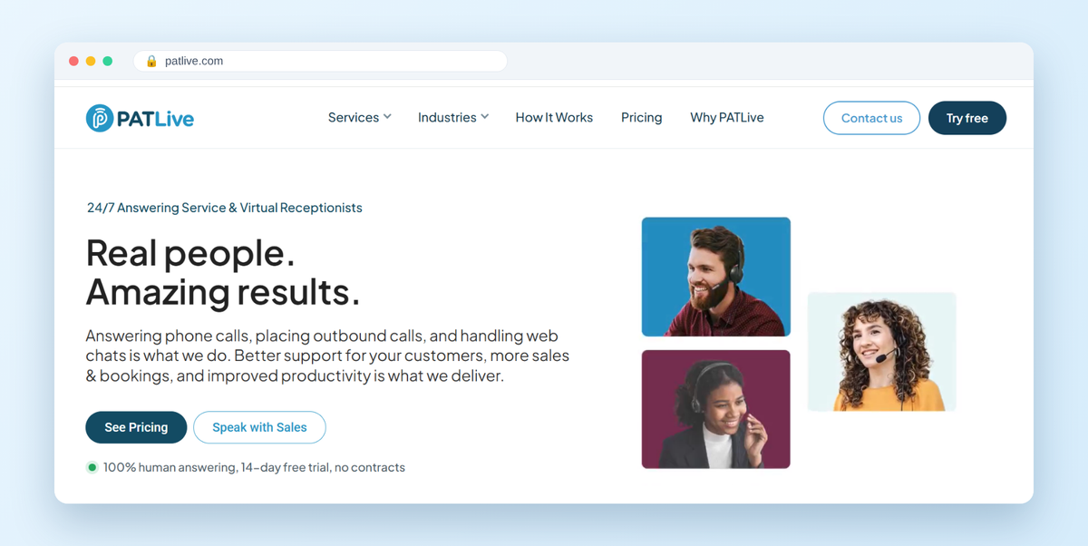 PATLive homepage hero: Real people. Amazing results. 100% human answering, 14-day free trial, no contracts.