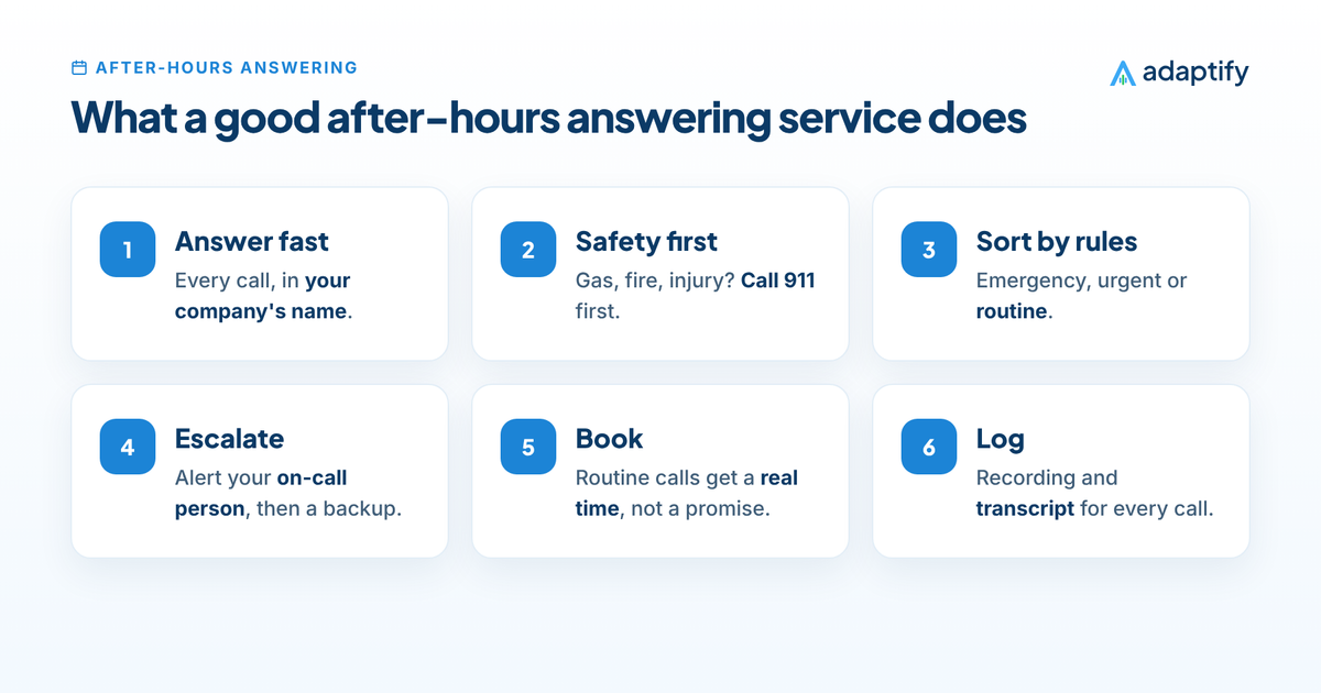 How an after-hours answering service handles a call: answer, safety check, sort by your rules, then escalate emergencies, book routine calls and log every call