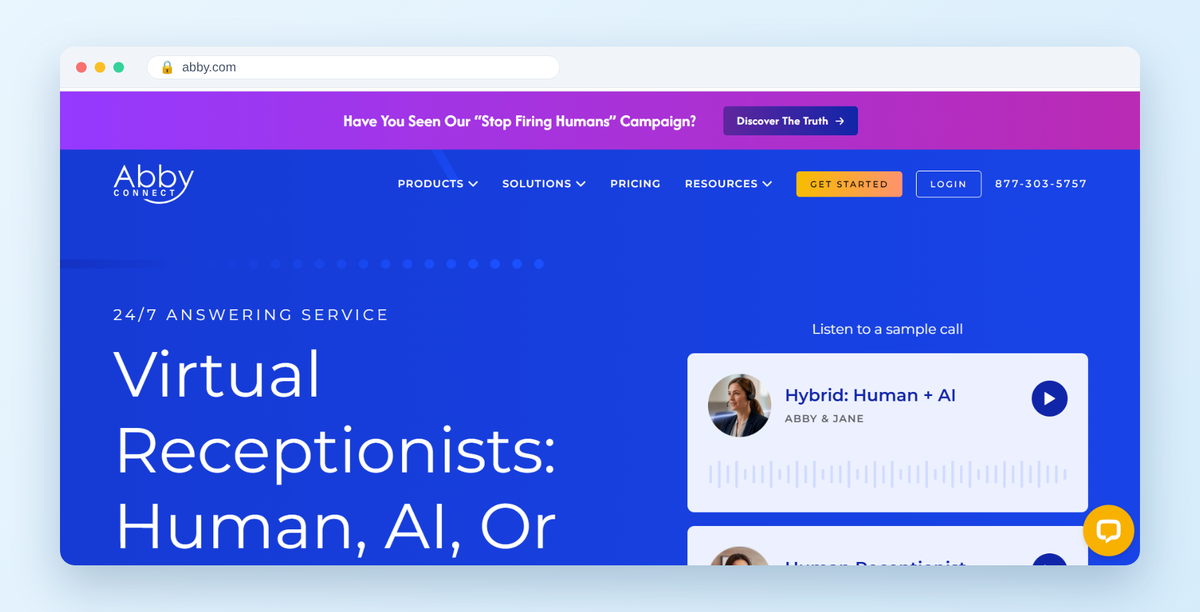 Abby Connect homepage hero: 24/7 answering service. Virtual receptionists: human, AI, or hybrid.