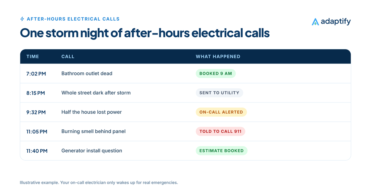 Timeline of a storm night of after-hours electrical calls: a 7 PM dead outlet booked for morning, an 8 PM utility outage redirected to the utility, a 9 PM partial power loss escalated to the on-call electrician and an 11 PM burning smell call told to call 911