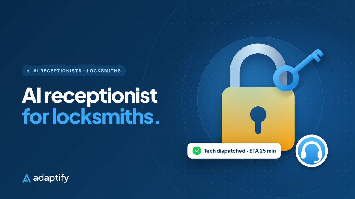 AI receptionist for locksmiths illustration: a padlock with a key, with an AI receptionist headset badge