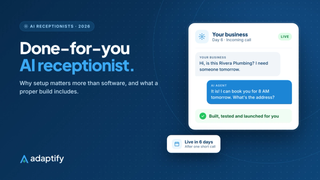 Illustration of a done-for-you AI receptionist being built in six days, from onboarding call to live agent