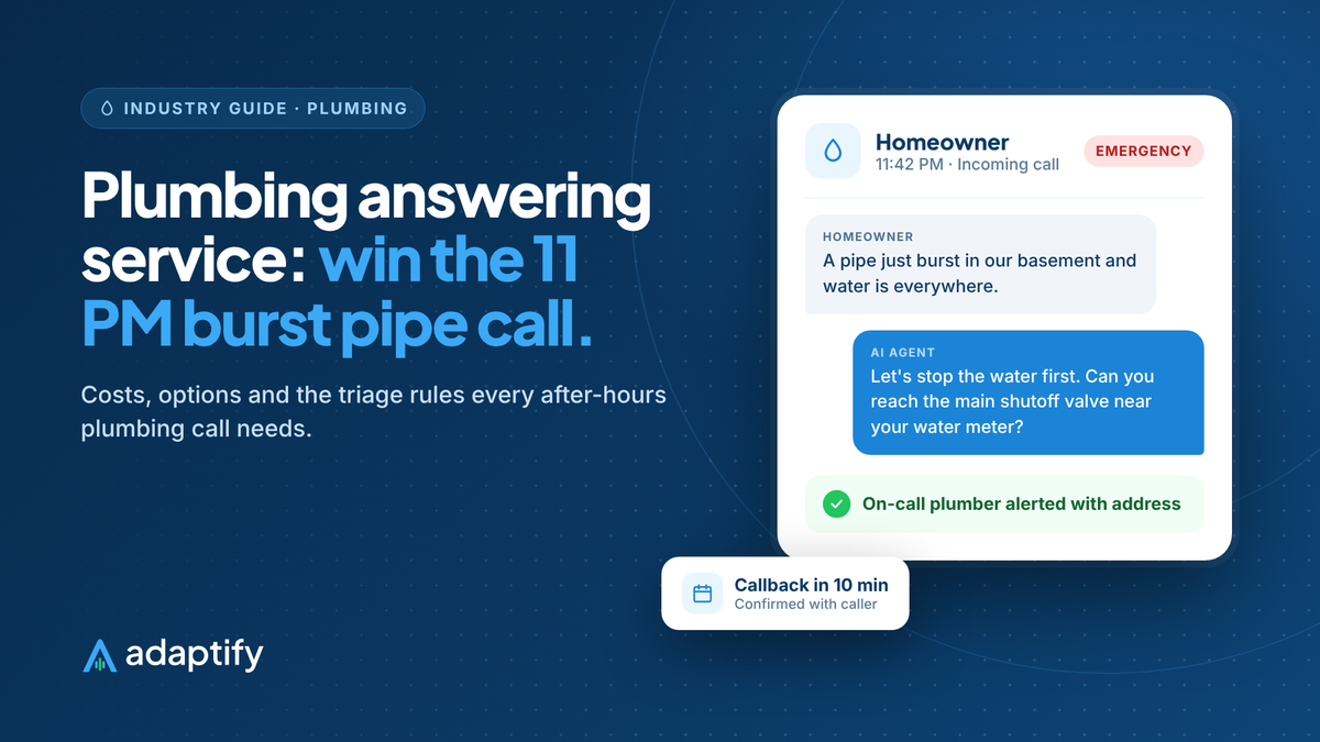 Illustration of an AI phone agent answering a late-night burst pipe call and alerting the on-call plumber, for the plumbing answering service guide