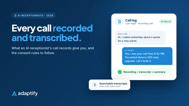 Illustration of an AI receptionist dashboard showing a call recording, transcript and summary for each call