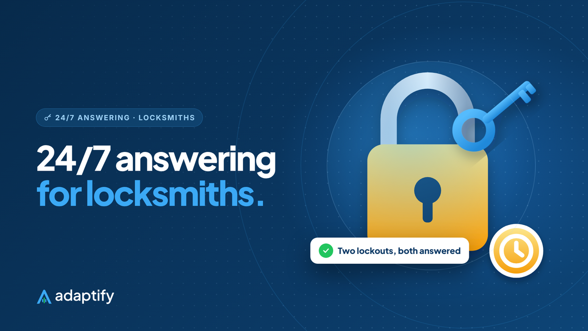 24/7 answering for locksmiths illustration: a padlock with a key, with a 24/7 clock badge