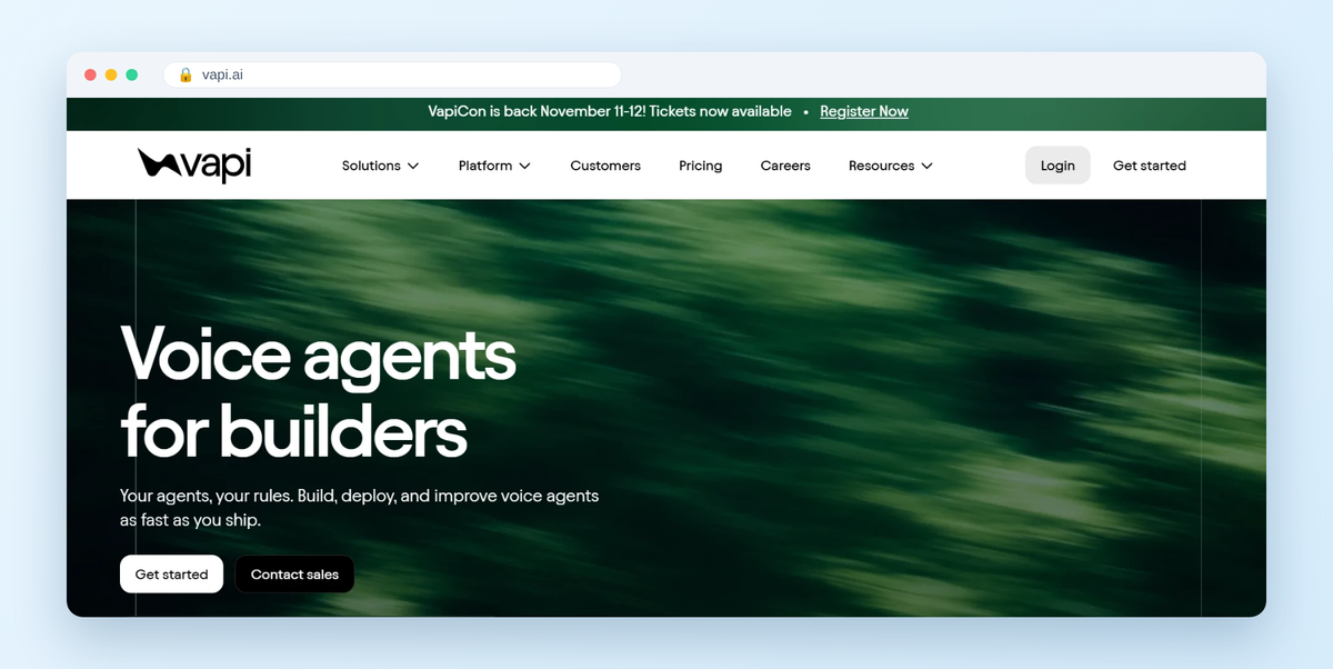Vapi homepage hero: Voice agents for builders. Your agents, your rules. Build, deploy, and improve voice agents as fast as you ship.