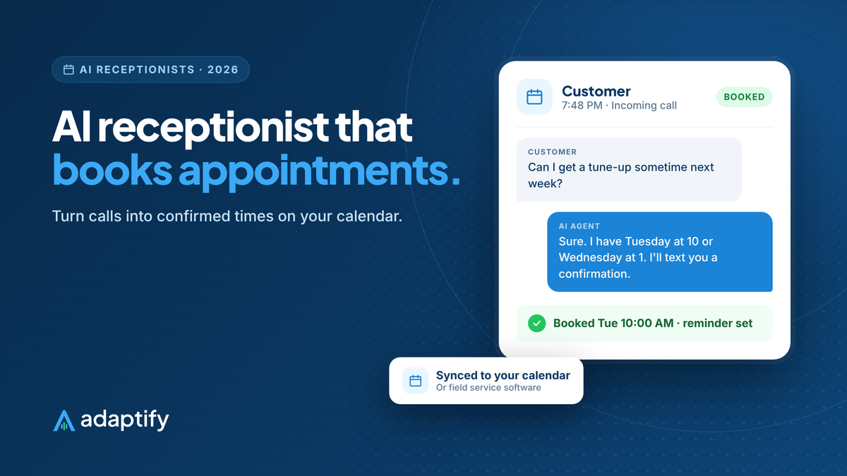 Illustration of an AI receptionist booking an appointment into a calendar during a phone call and texting the caller a confirmation