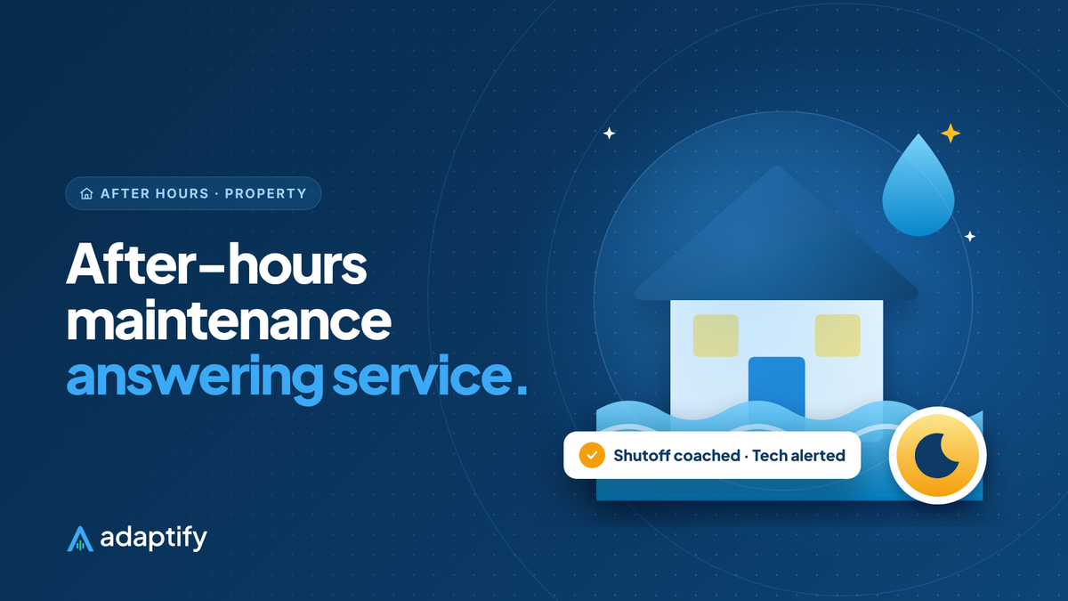 After-hours maintenance answering service illustration: a house with rising floodwater, with an after-hours moon badge