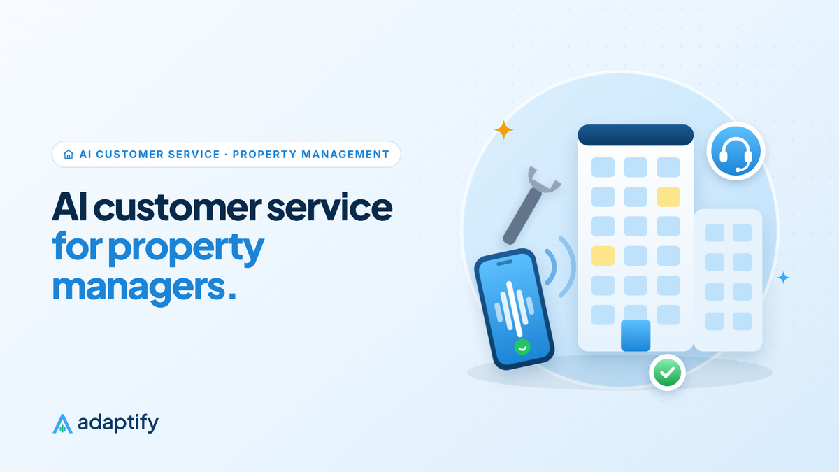 Illustration of an apartment building with a wrench and a phone with a live call and an AI headset badge, for AI customer service for property management companies