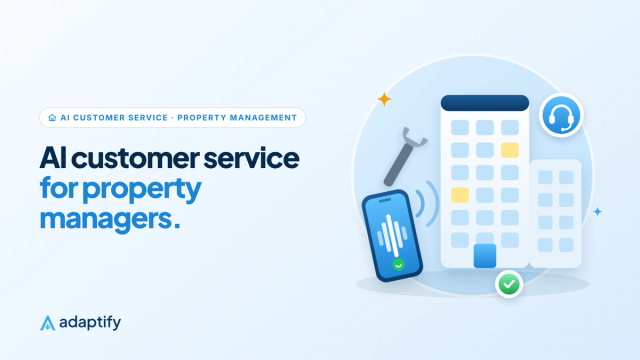 Illustration of an apartment building with a wrench and a phone with a live call and an AI headset badge, for AI customer service for property management companies