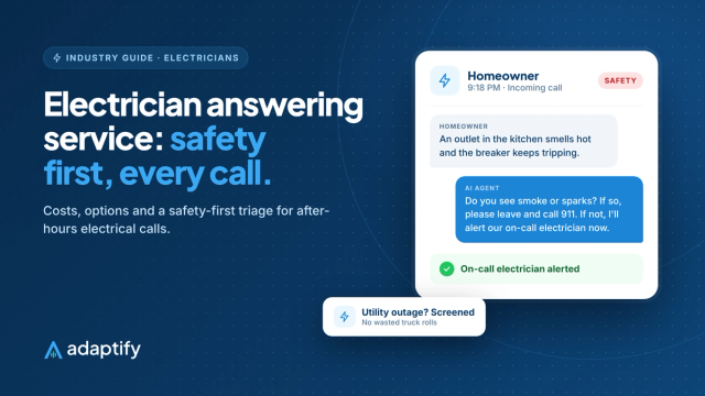 Illustration of an AI phone agent answering a late-night call about a burning smell from an outlet and alerting the on-call electrician