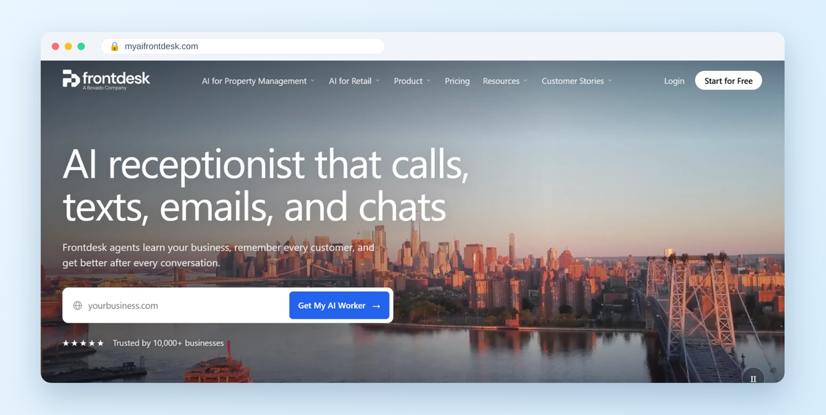 Frontdesk homepage hero: AI receptionist that calls, texts, emails, and chats. Trusted by 10,000+ businesses.