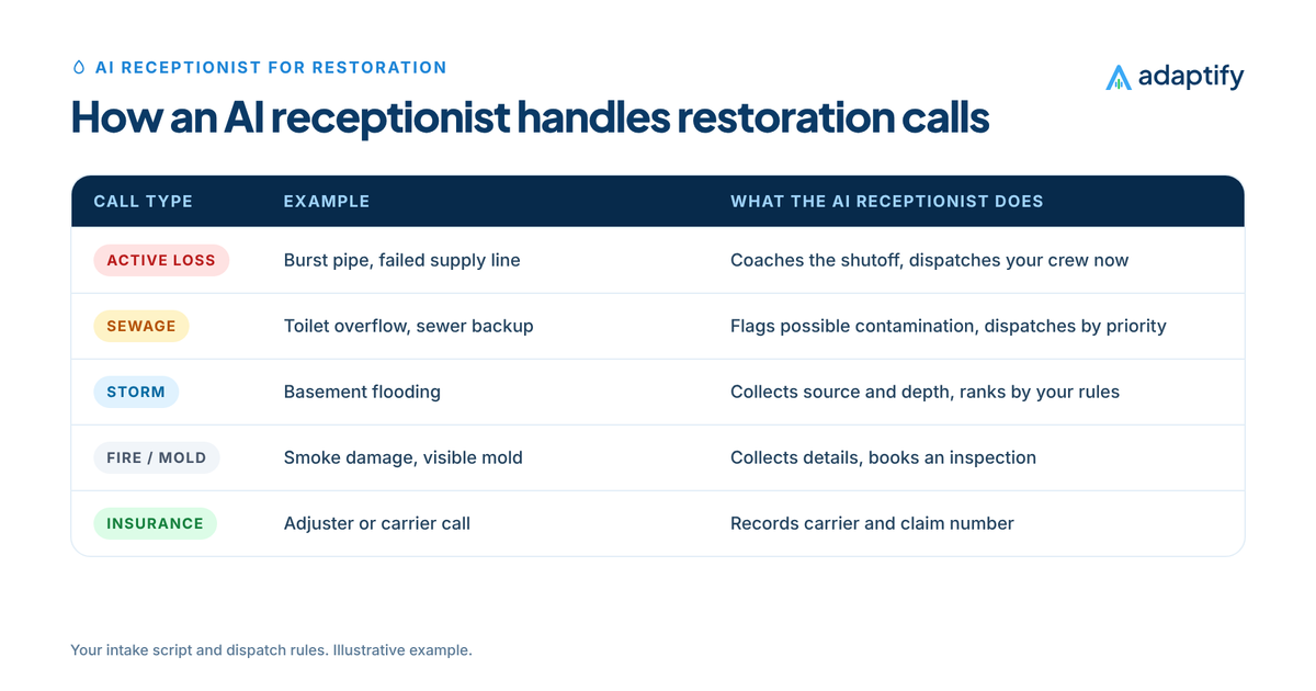 Table of restoration calls and how an AI receptionist handles each: active water losses dispatched after shutoff coaching, possible sewage flagged as contamination, storm and flood calls prioritized, fire and mold calls booked for inspection and insurance details recorded