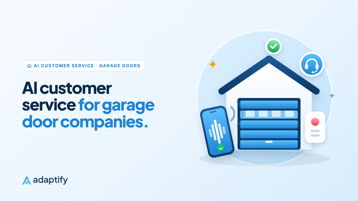 Illustration of a garage with a blue door and a phone with a live call and an AI headset badge, for AI customer service for garage door companies