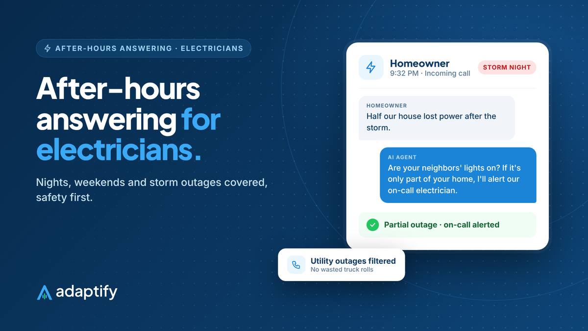 Illustration of an after-hours answering service for electricians handling a storm-night power loss call and alerting the on-call electrician
