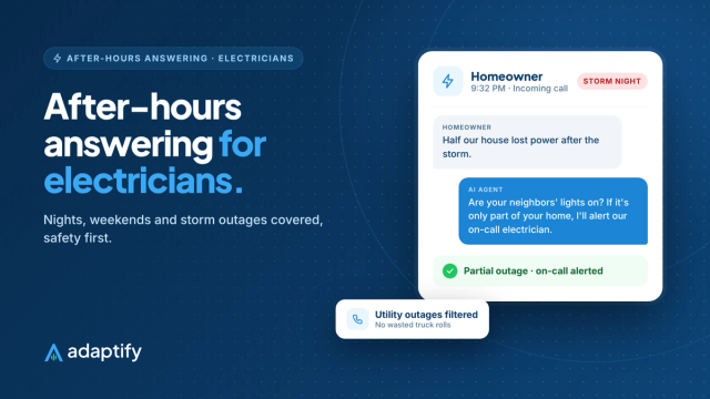 Illustration of an after-hours answering service for electricians handling a storm-night power loss call and alerting the on-call electrician