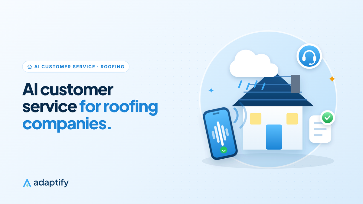 Illustration of a house with a shingle roof under a rain cloud, a phone with a live call and an AI headset badge, for AI customer service for roofing companies