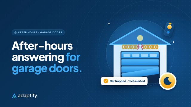 After-hours answering service for garage door companies illustration: a garage with a broken spring and an after-hours moon badge