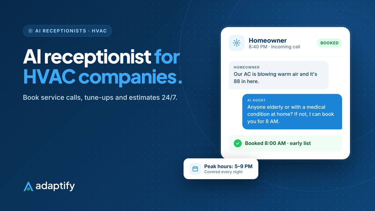 Illustration of an AI receptionist for an HVAC company booking an AC repair and texting the homeowner a confirmation