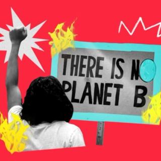 person protesting holding their fist in the air in front of a sign reading 'there is no planet b'