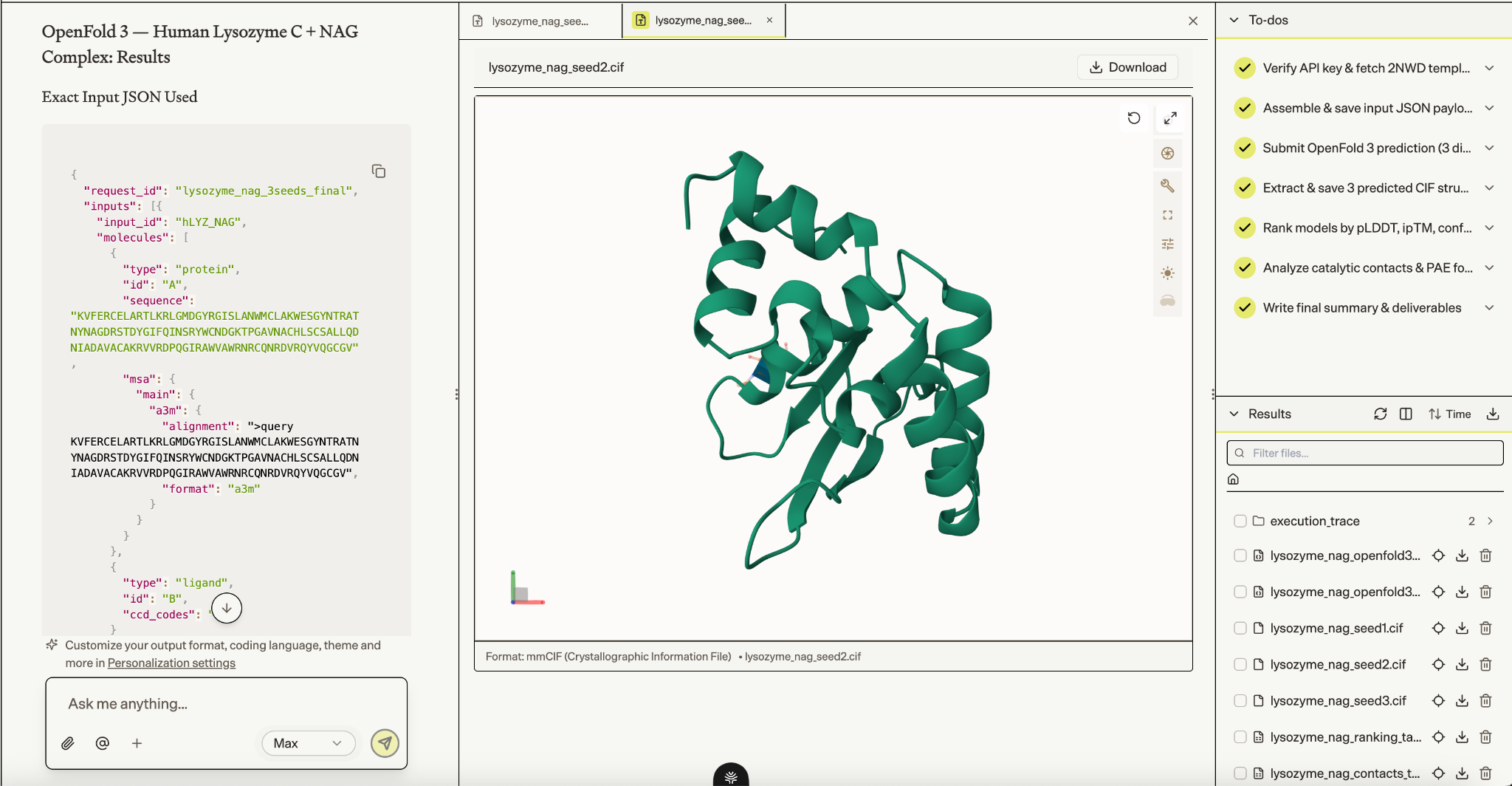 OpenFold 3 — Human Lysozyme C + NAG Complex: Results in Biomni Lab