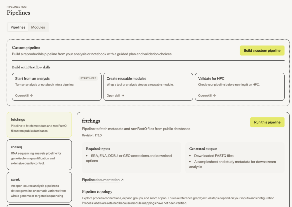 The Pipelines hub in Biomni Lab, listing supported nf-core pipelines such as fetchngs, rnaseq, sarek and scrnaseq, with options to build a custom pipeline using Nextflow skills