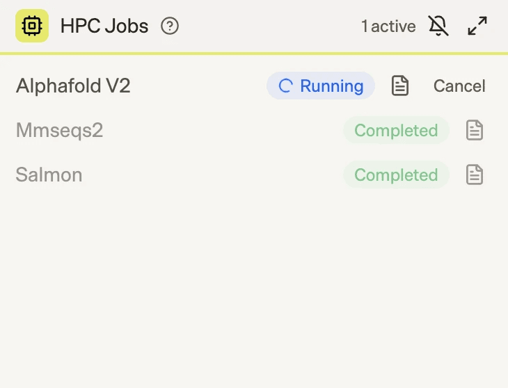 HPC Jobs widget showing real-time job visibility